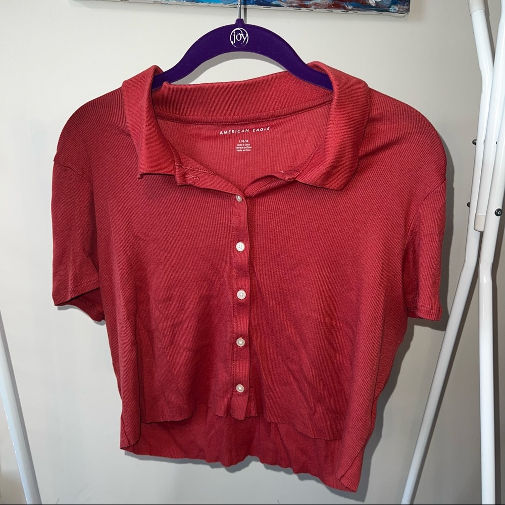 American Eagle red Button Up T shirt with Collar